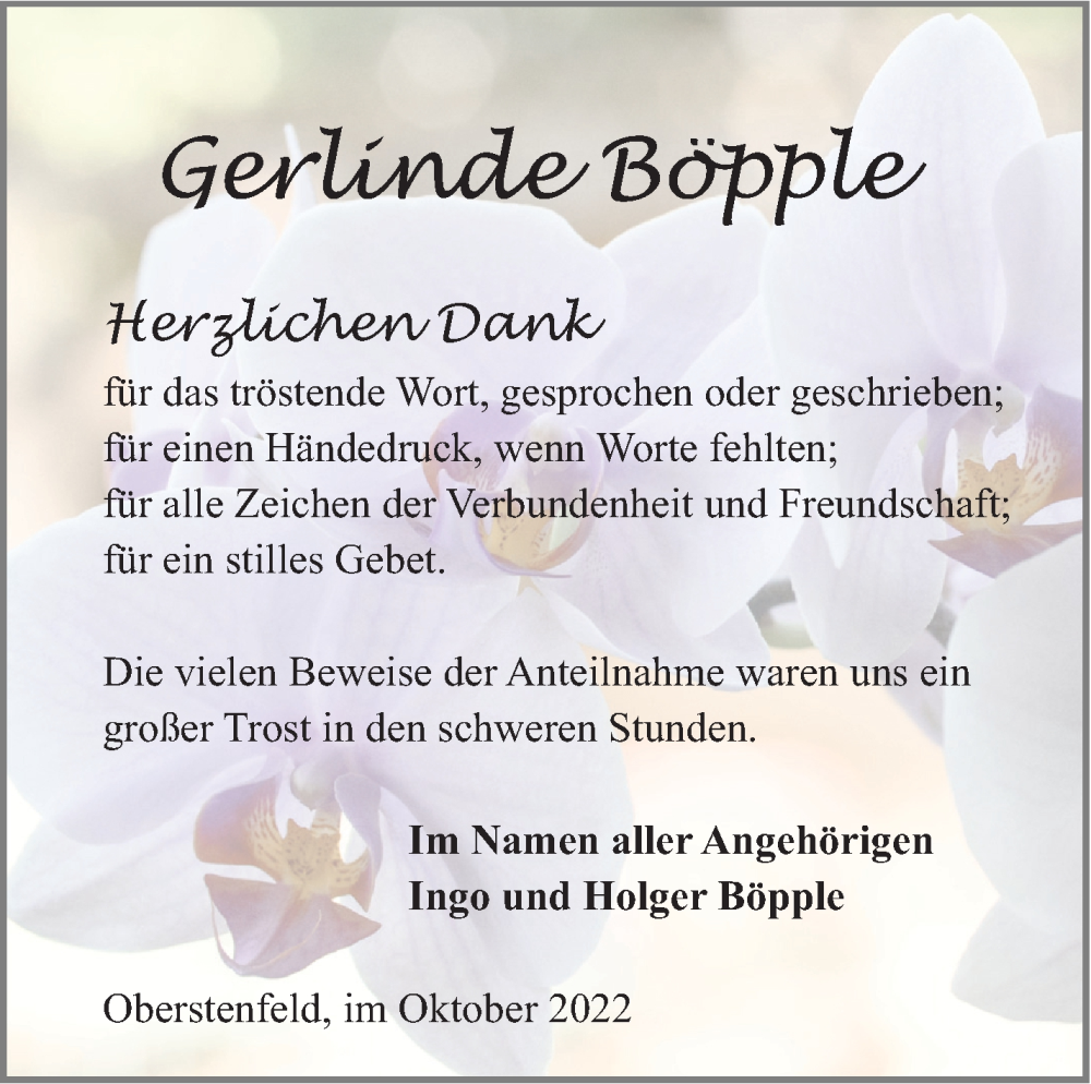  Traueranzeige für Gerlinde Böpple vom 21.10.2022 aus Marbacher Zeitung