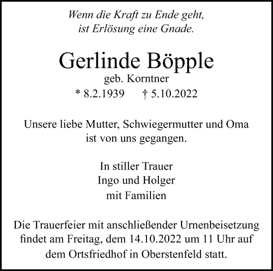 Traueranzeige von Gerlinde Böpple von Marbacher Zeitung