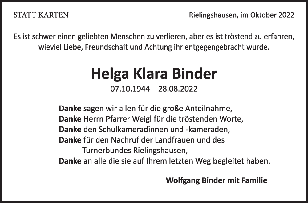  Traueranzeige für Helga Klara  Binder vom 07.10.2022 aus Marbacher Zeitung