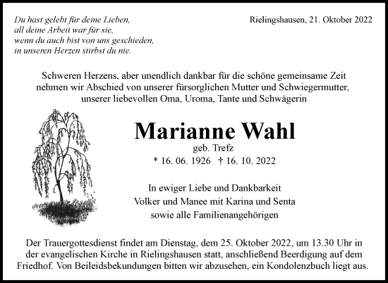 Traueranzeige von Marianne Wahl von Marbacher Zeitung