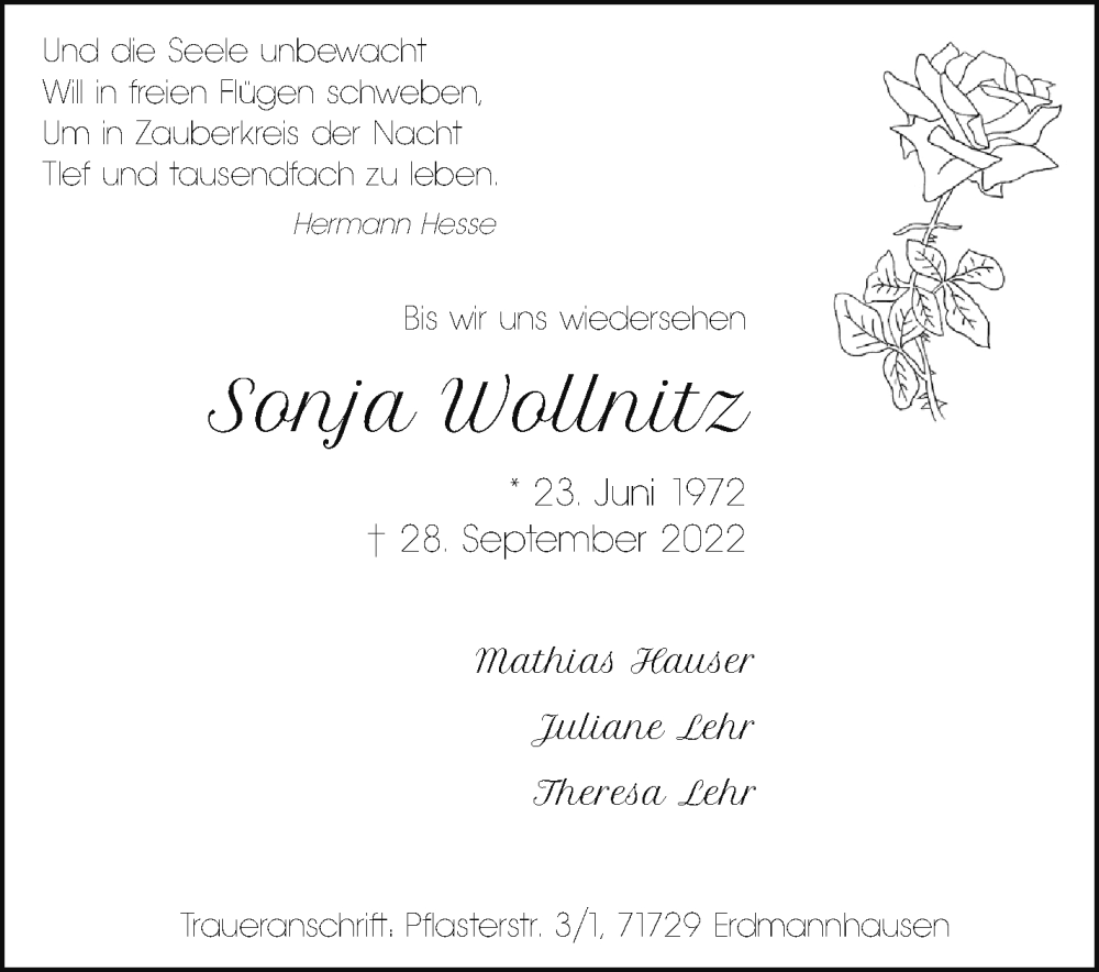  Traueranzeige für Sonja Wollnitz vom 12.10.2022 aus Marbacher Zeitung