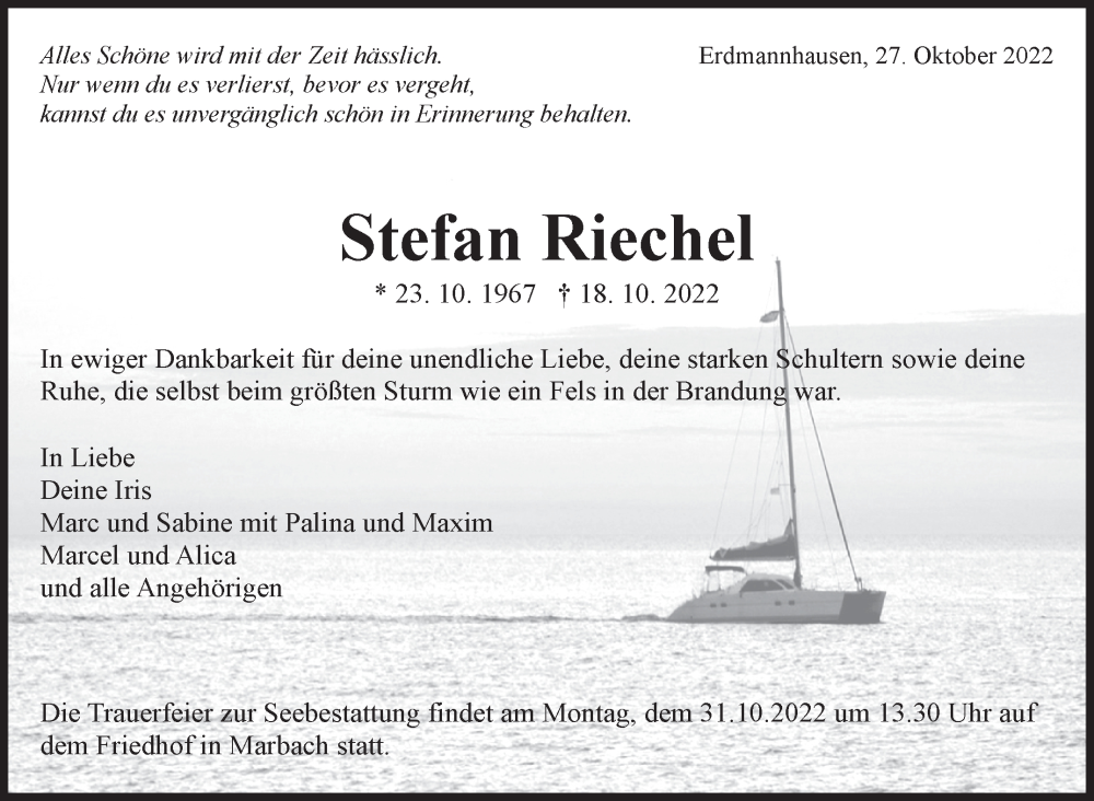  Traueranzeige für Stefan Riechel vom 27.10.2022 aus Marbacher Zeitung