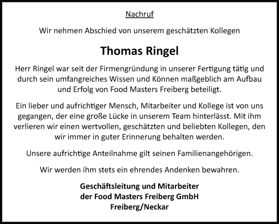 Traueranzeige von Thomas Ringel von Marbacher Zeitung