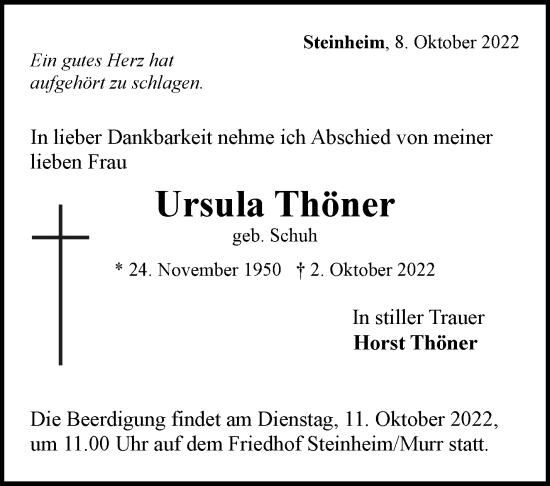 Traueranzeige von Ursula Thöner von Marbacher Zeitung
