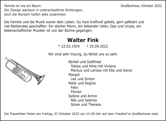 Traueranzeige von Walter Fink von Marbacher Zeitung