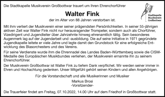 Traueranzeige von Walter Fink von Marbacher Zeitung
