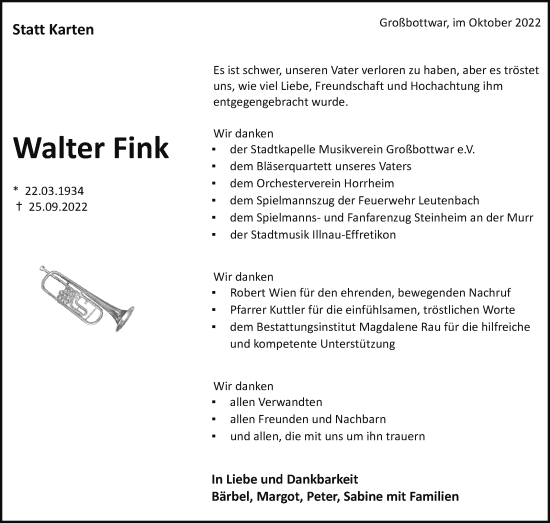 Traueranzeige von Walter Fink von Marbacher Zeitung