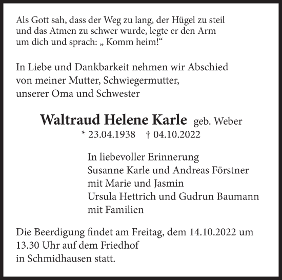 Traueranzeige von Waltraud Helene Karle von Marbacher Zeitung