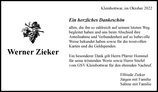 Traueranzeige von Werner Zieker von Marbacher Zeitung