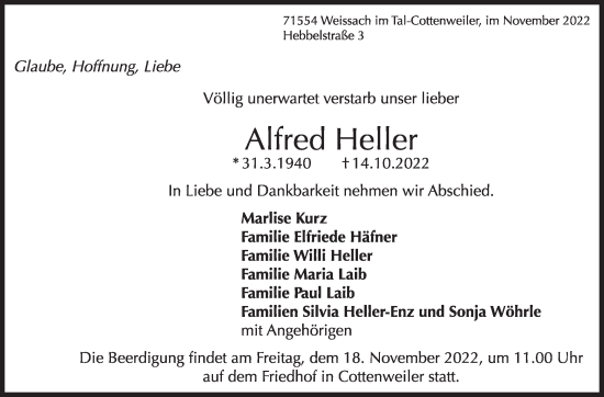 Traueranzeige von Alfred Heller von Marbacher Zeitung