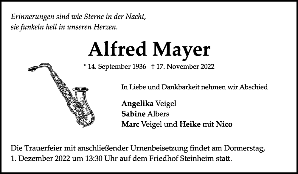  Traueranzeige für Alfred Mayer vom 28.11.2022 aus Marbacher Zeitung