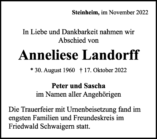 Traueranzeige von Anneliese Landorff von Marbacher Zeitung