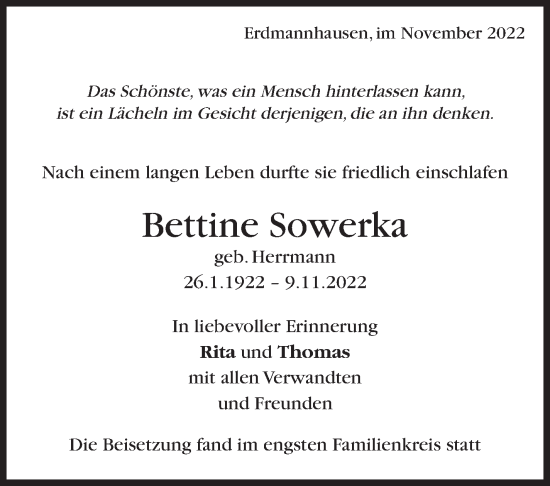 Traueranzeige von Bettine Sowerka von Marbacher Zeitung