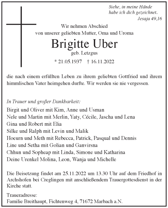 Traueranzeige von Brigitte Uber von Marbacher Zeitung