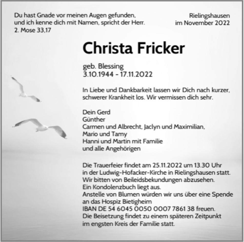  Traueranzeige für Christa Fricker vom 23.11.2022 aus Marbacher Zeitung