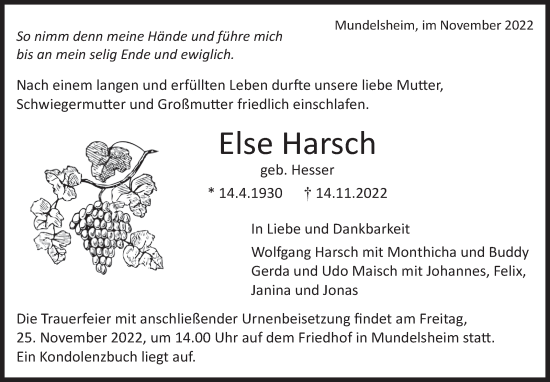 Traueranzeige von Else Harsch von Marbacher Zeitung