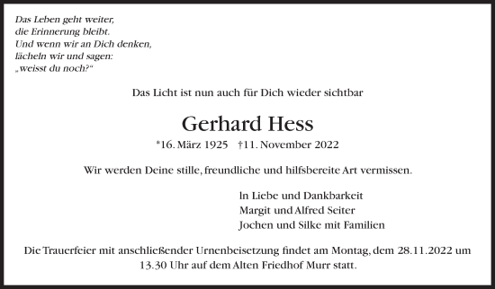 Traueranzeige von Gerhard Hess von Marbacher Zeitung