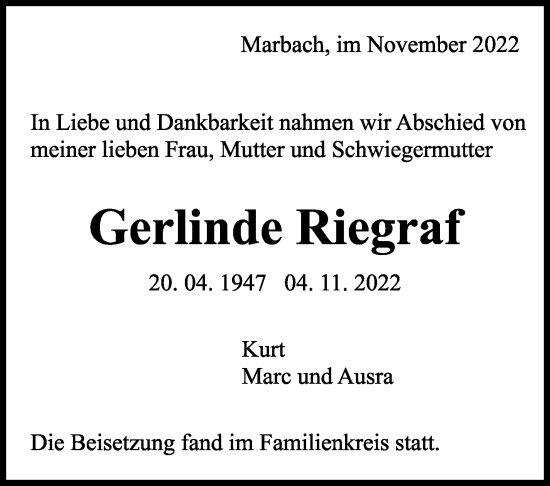Traueranzeige von Gerlinde Riegraf von Marbacher Zeitung