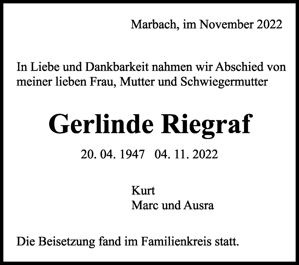  Traueranzeige für Gerlinde Riegraf vom 18.11.2022 aus Marbacher Zeitung
