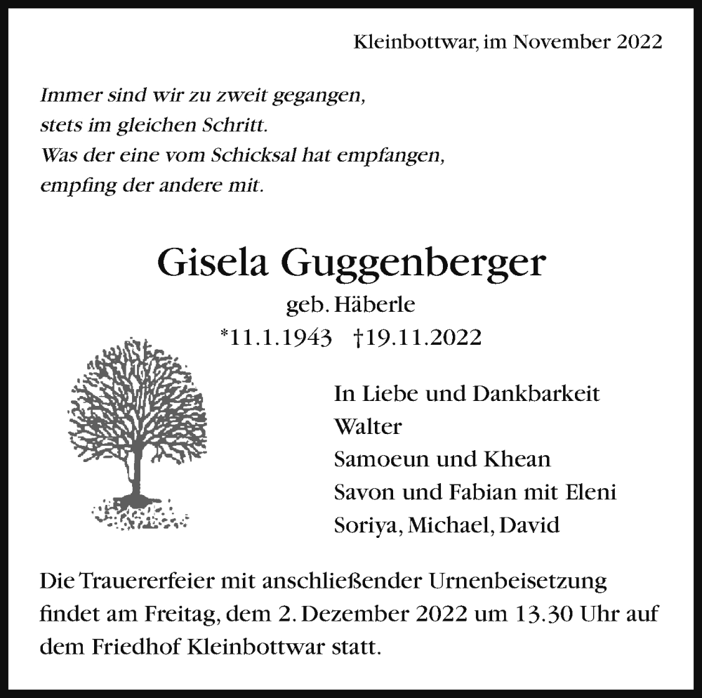  Traueranzeige für Gisela Guggenberger vom 29.11.2022 aus Marbacher Zeitung