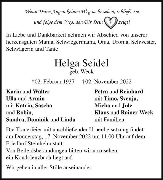 Traueranzeige von Helga Seidel von Marbacher Zeitung