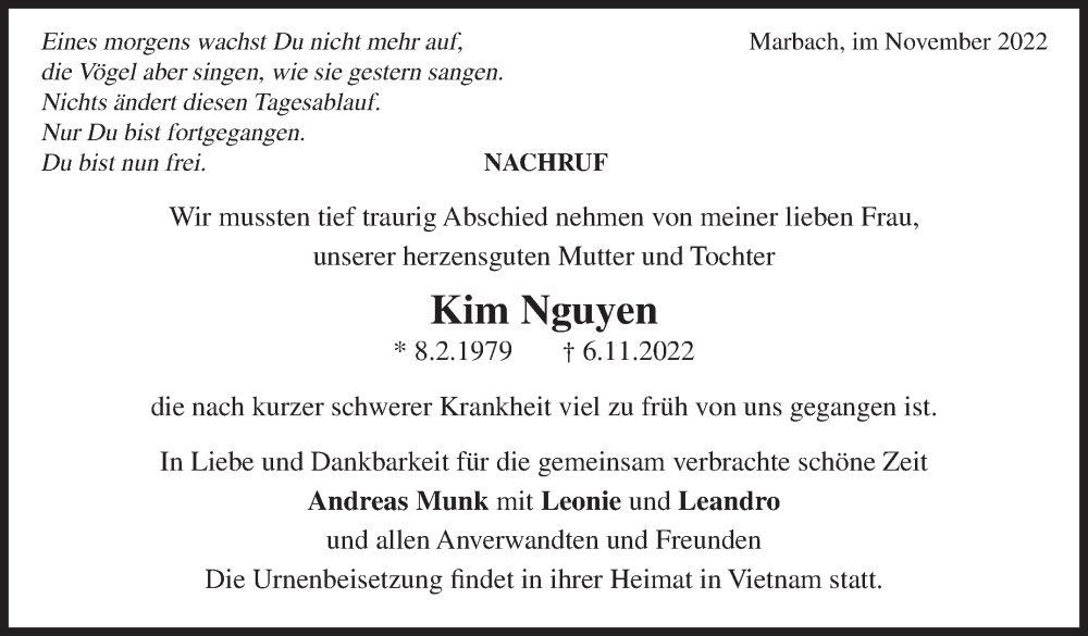  Traueranzeige für Kim Nguyen vom 19.11.2022 aus Marbacher Zeitung