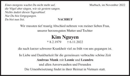 Traueranzeige von Kim Nguyen von Marbacher Zeitung