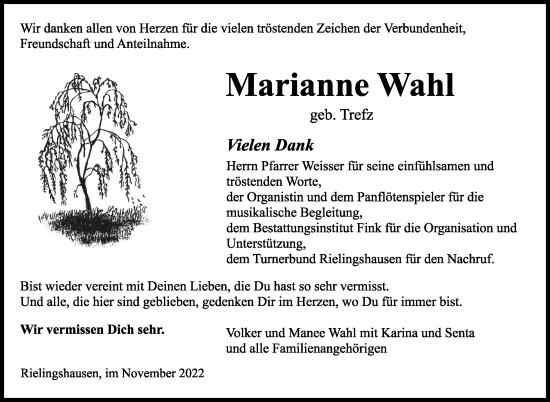 Traueranzeige von Marianne Wahl von Marbacher Zeitung