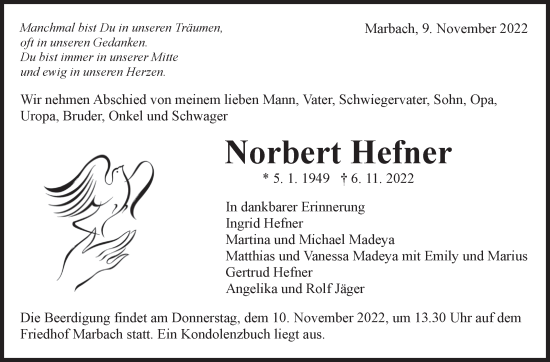 Traueranzeige von Norbert Hefner von Marbacher Zeitung