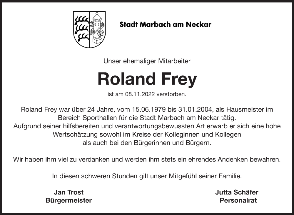  Traueranzeige für Roland Frey vom 25.11.2022 aus Marbacher Zeitung