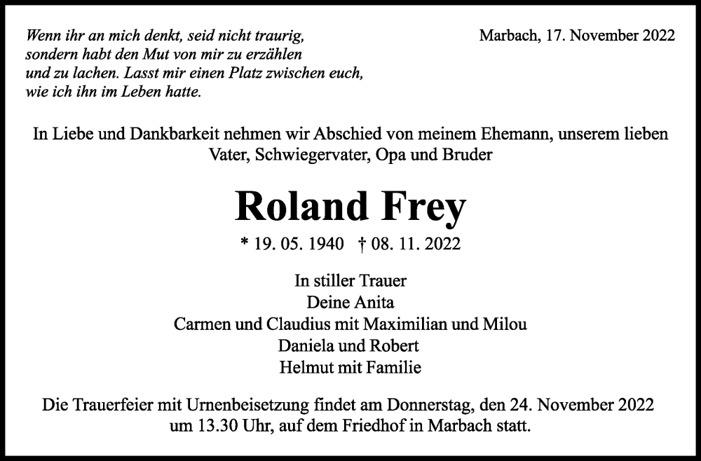  Traueranzeige für Roland Frey vom 17.11.2022 aus Marbacher Zeitung