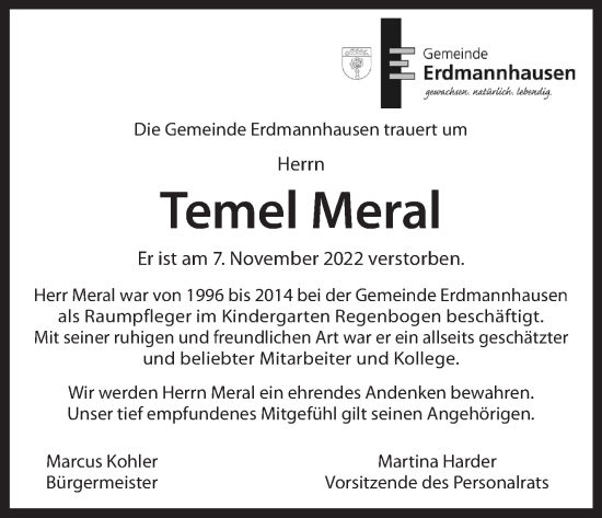 Traueranzeige von Temel Meral von Marbacher Zeitung