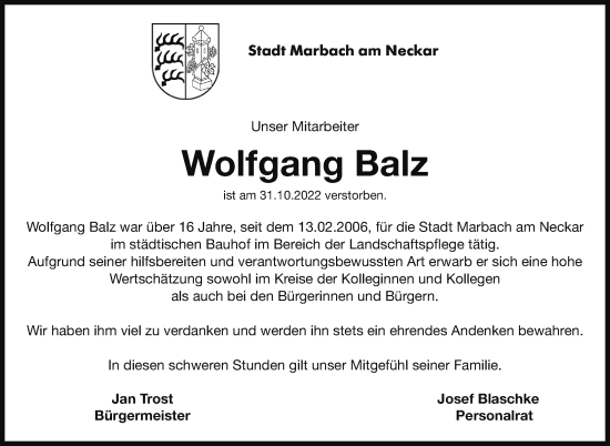 Traueranzeige von Wolfgang Balz von Marbacher Zeitung