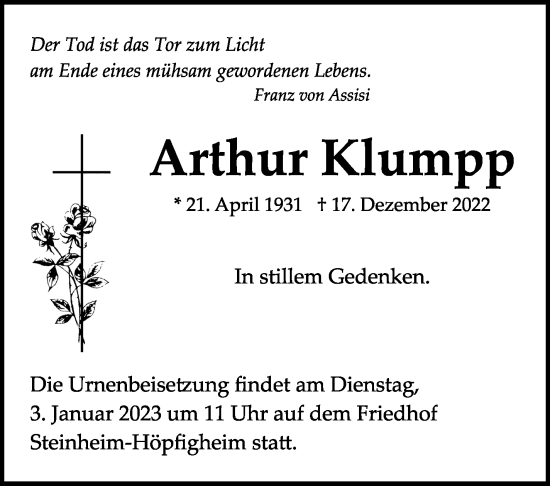 Traueranzeige von Arthur Klumpp von Marbacher Zeitung