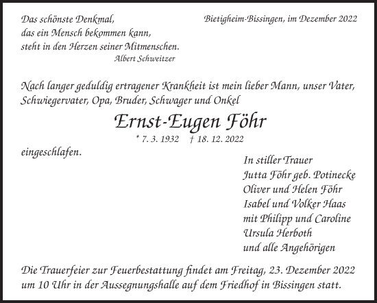 Traueranzeige von Ernst-Eugen Föhr von Marbacher Zeitung