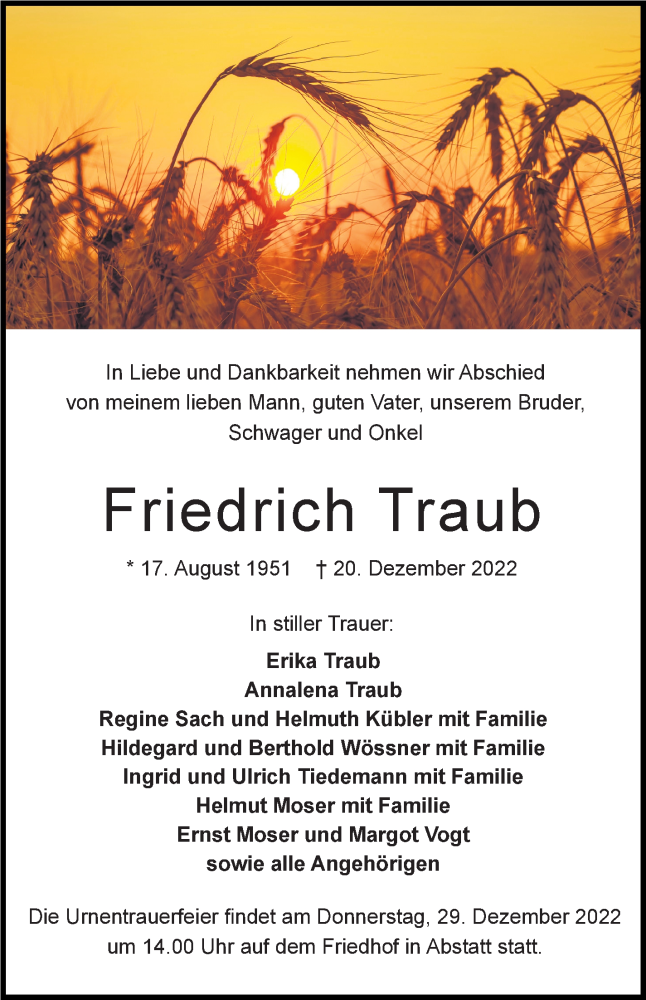  Traueranzeige für Friedrich Traub vom 24.12.2022 aus Marbacher Zeitung