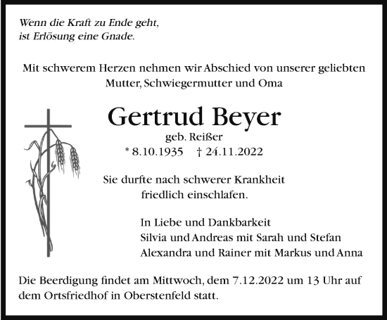 Traueranzeige von Gertrud Beyer von Marbacher Zeitung