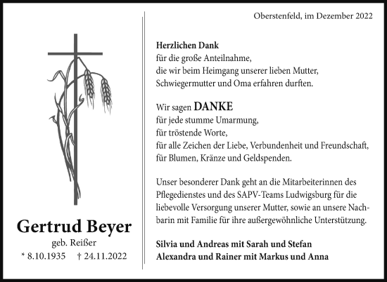 Traueranzeige von Gertrud Beyer von Marbacher Zeitung
