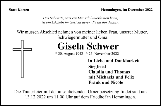 Traueranzeige von Gisela Schwer von Marbacher Zeitung