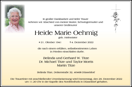 Traueranzeige von Heide Marie Oehmig von Marbacher Zeitung