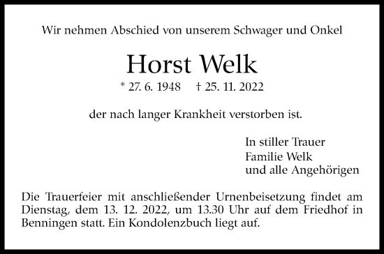 Traueranzeige von Horst Welk von Marbacher Zeitung