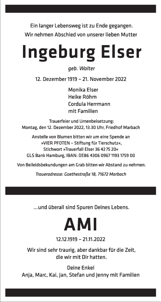 Traueranzeige von Ingeburg Elser von Marbacher Zeitung