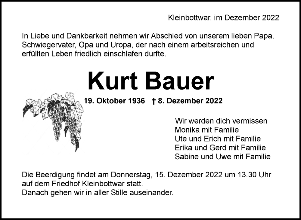  Traueranzeige für Kurt Bauer vom 13.12.2022 aus Marbacher Zeitung
