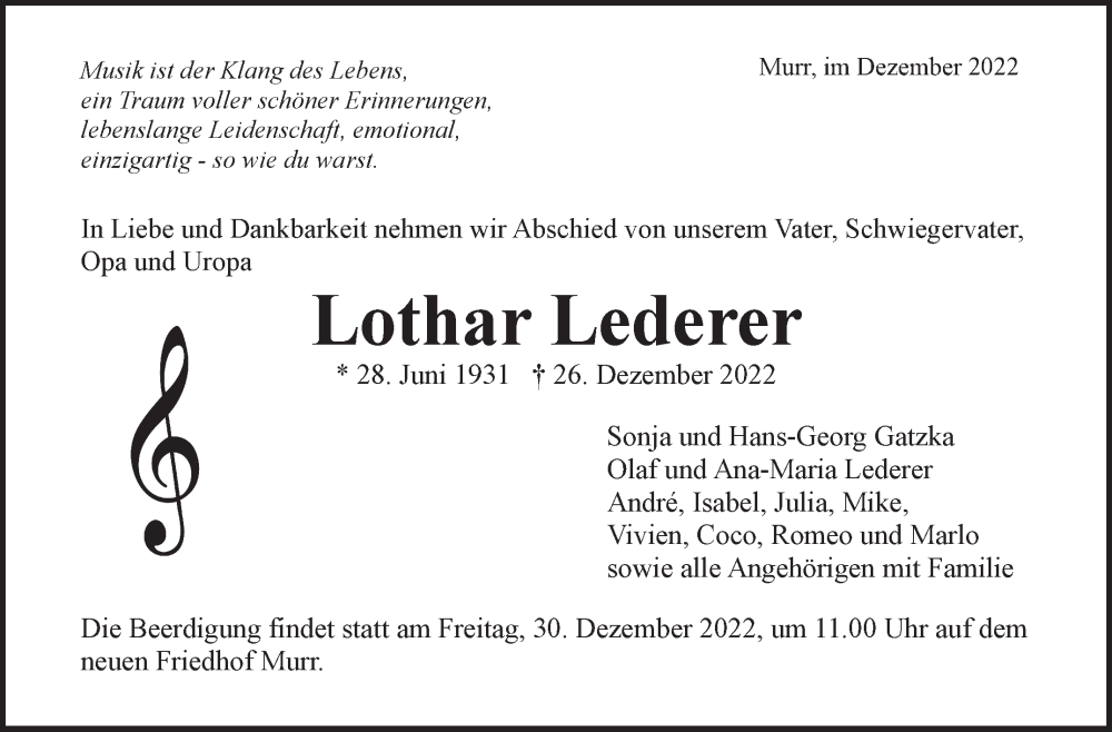  Traueranzeige für Lothar Lederer vom 29.12.2022 aus Marbacher Zeitung