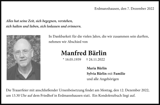 Traueranzeige von Manfred Bärlin von Marbacher Zeitung