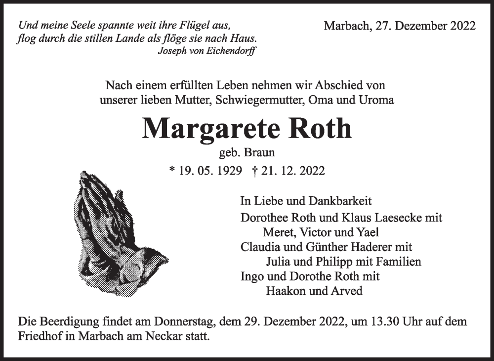  Traueranzeige für Mararete Roth vom 27.12.2022 aus Marbacher Zeitung