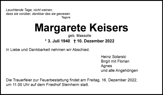 Traueranzeige von Margarete Keisers von Marbacher Zeitung