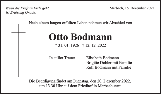 Traueranzeige von Otto Bodmann von Marbacher Zeitung