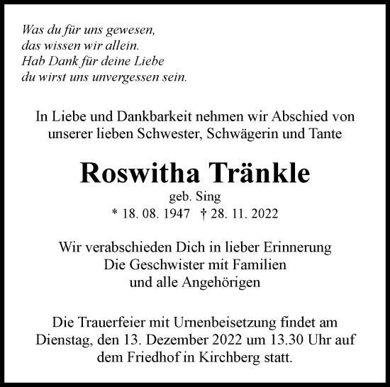 Traueranzeige von Roswitha Tränkle von Marbacher Zeitung