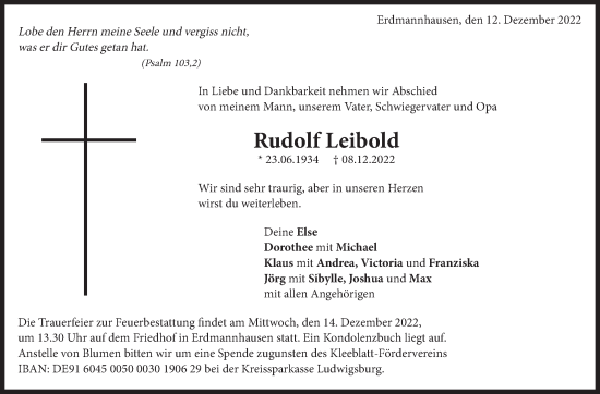 Traueranzeige von Rudolf Leibold von Marbacher Zeitung